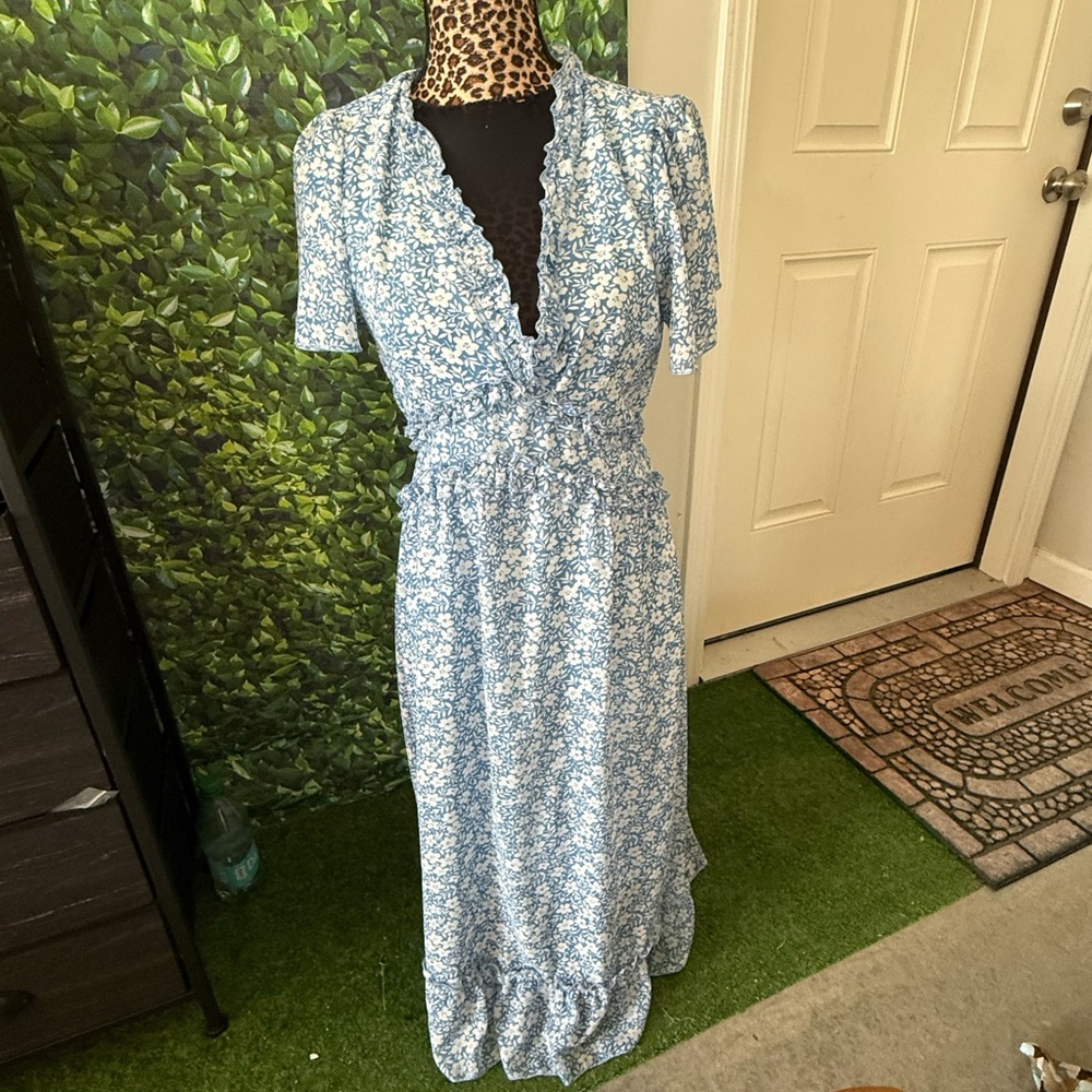 Blue Floral Maxi Dress with Ruffle Trim